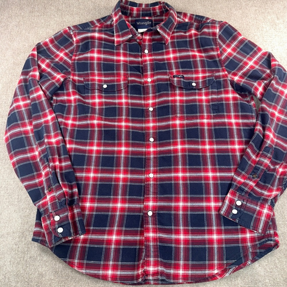 Wrangler Mens Red Navy Blue Plaid Pearl Snap Western Shirt MS70319 Medium